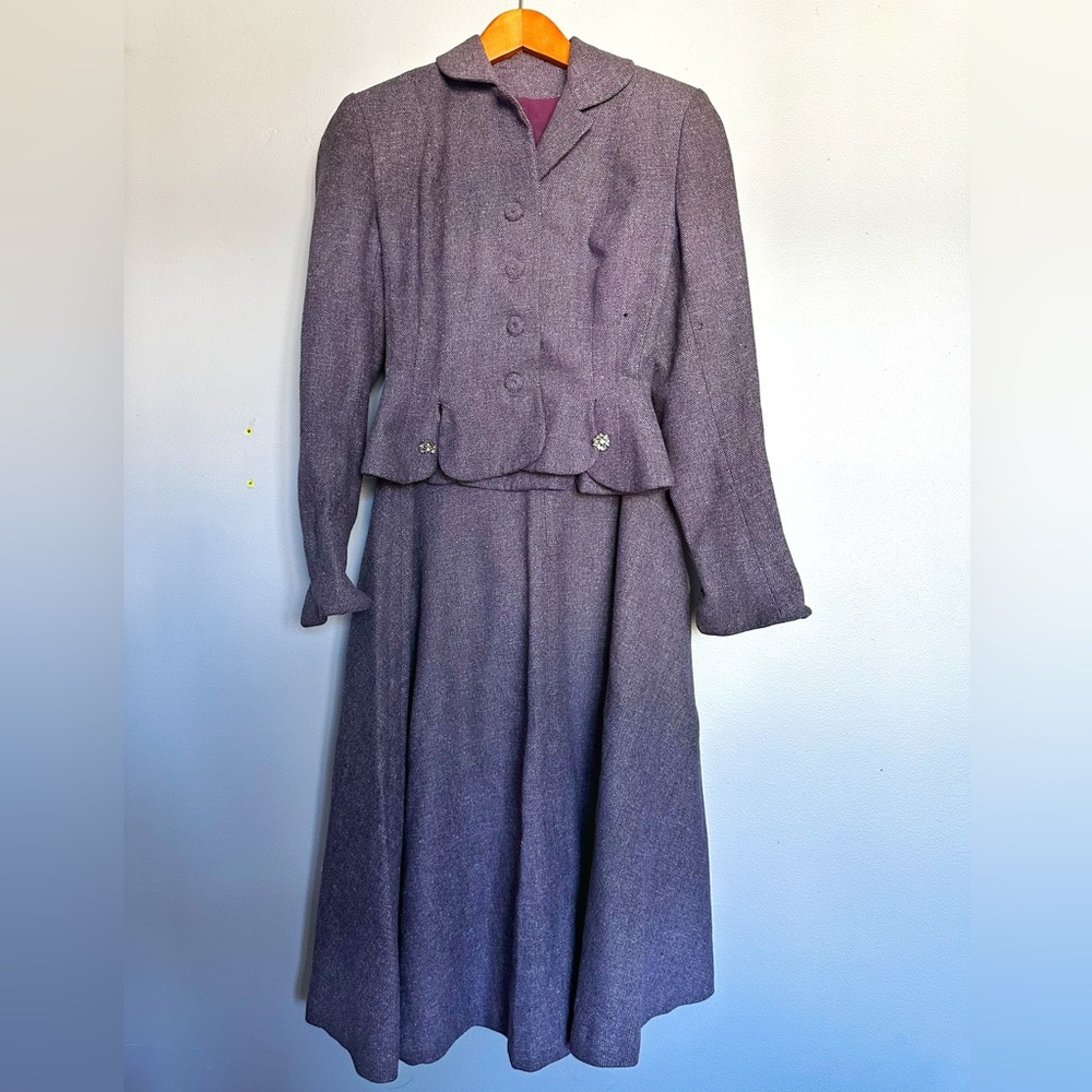 Vintage 1940’s Purple Herringbone Wool Skirt Suit Set - XS
